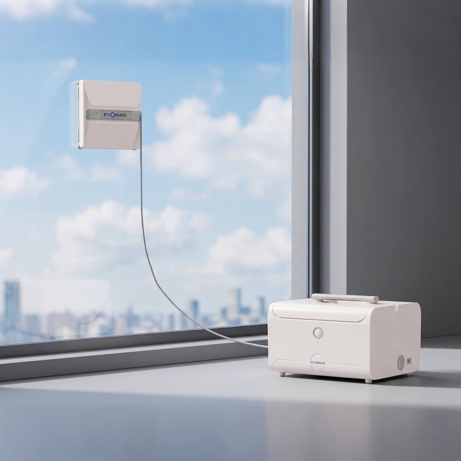 EVOMAID S3 Ultra Fensterputzroboter, weiß mit orangefarbener Trageschlaufe und grauen Reinigungspads